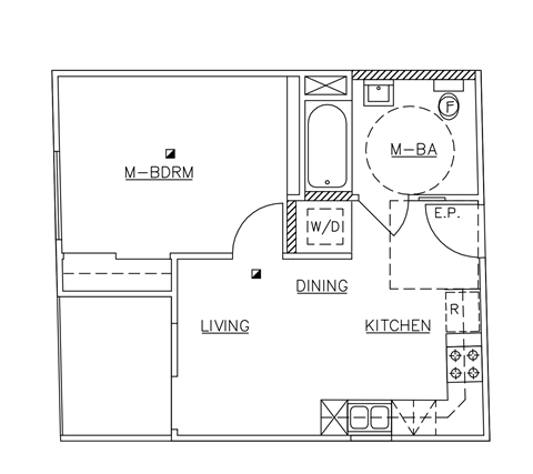 A floor plan of a house with a living room, dining room, kitchen, and a bathroom.